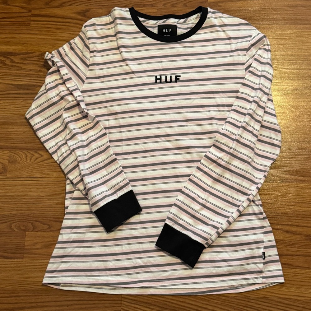 HUF Women’s Pink Gray Vintage Striped Long‎ Sleeve Top Size L